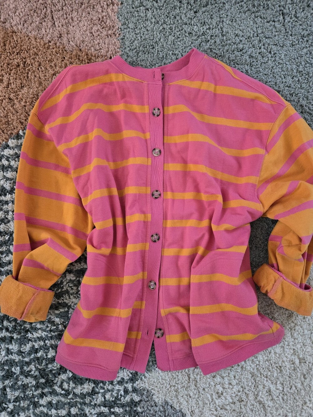 Free People Pink and Orange Striped Button-Front Oversized Sweater